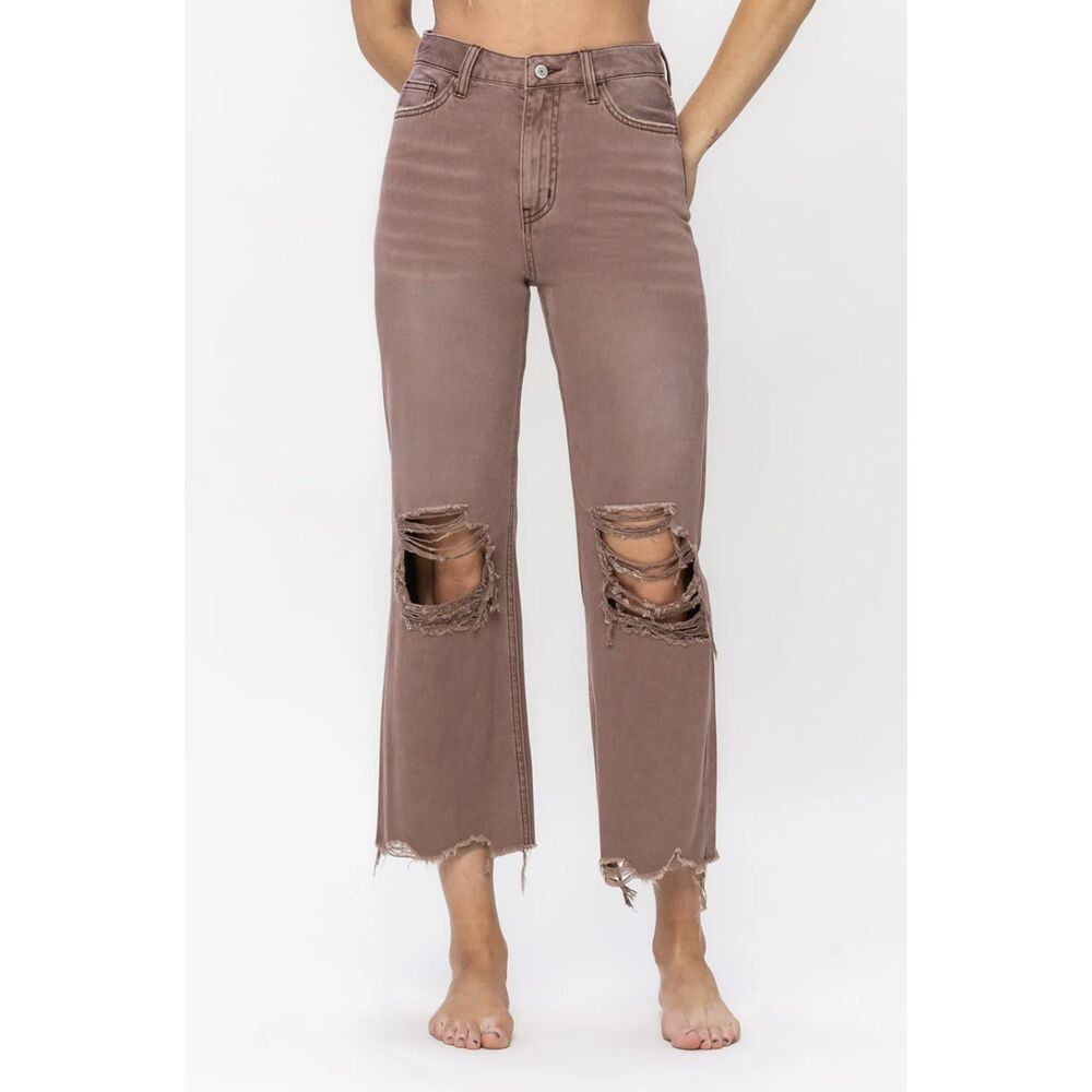 Vervet Leslie 90s Vintage Crop Flare Jeans Aztec Brown Distressed Size 24
